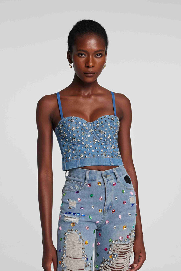 Mirren Star Rhinestone Crop Denim Top