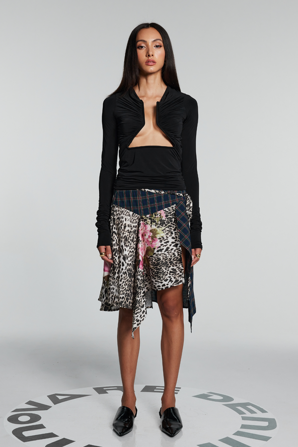 Naya Patchwork Leopard Asymmetric Print Midi Skirt