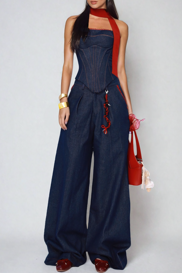 Oorja Strapless Lace Up Denim Set