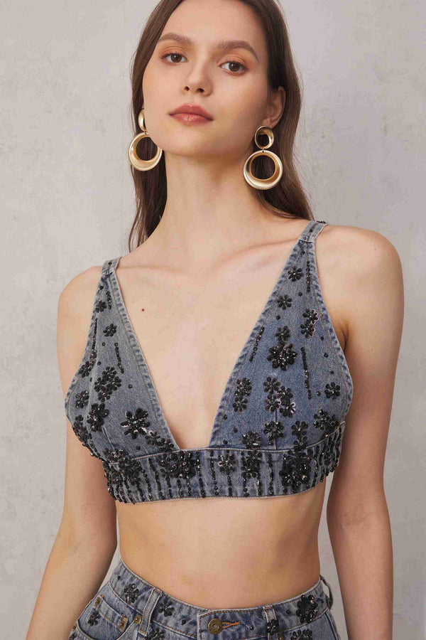 Pablo Rhinestone Backless Denim Top