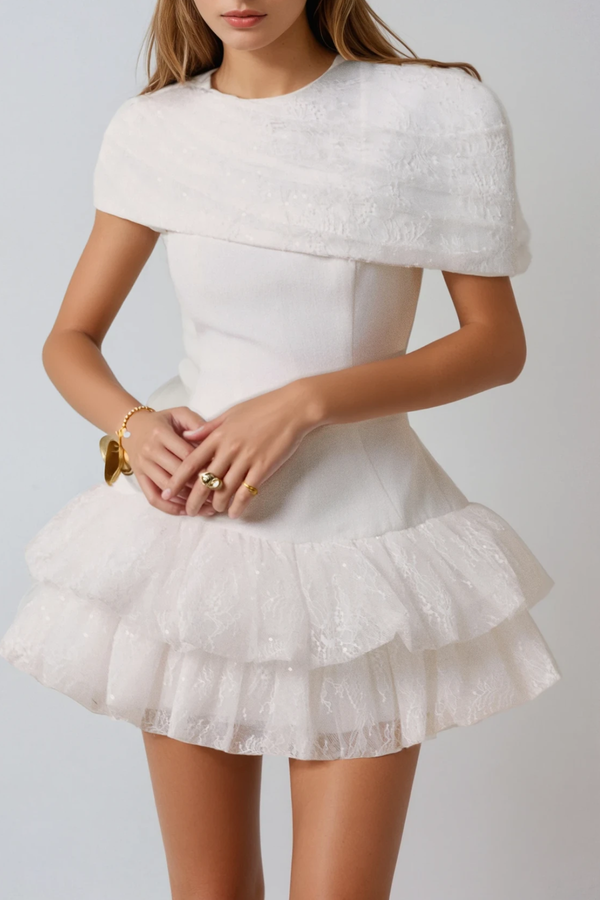 Pexelle Shawl Ruffle Lace Mini Dress