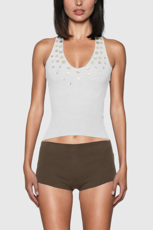 Pihu Sequin Halter Neck Backless Top In Apricot