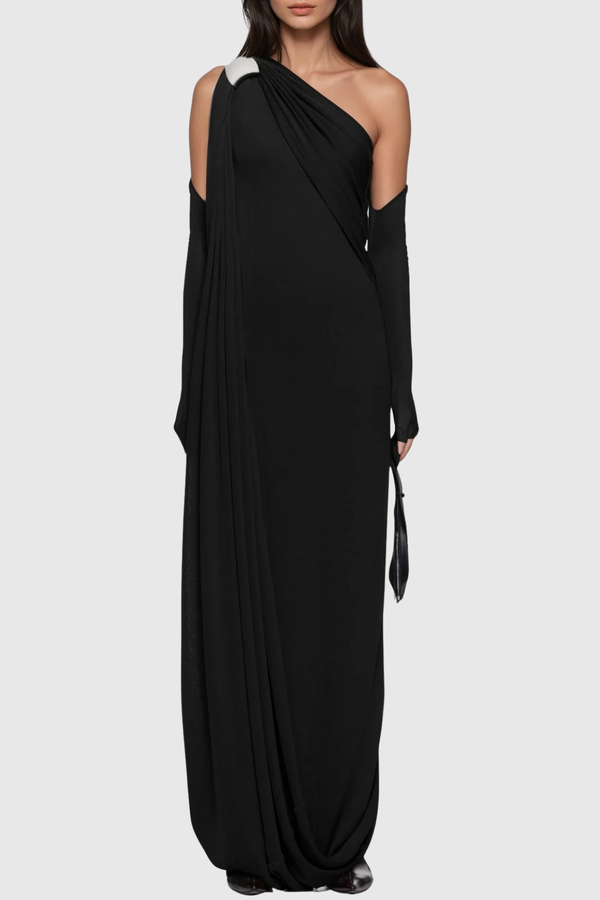 Pryndis One Shoulder Ruch Maxi Dress In Black