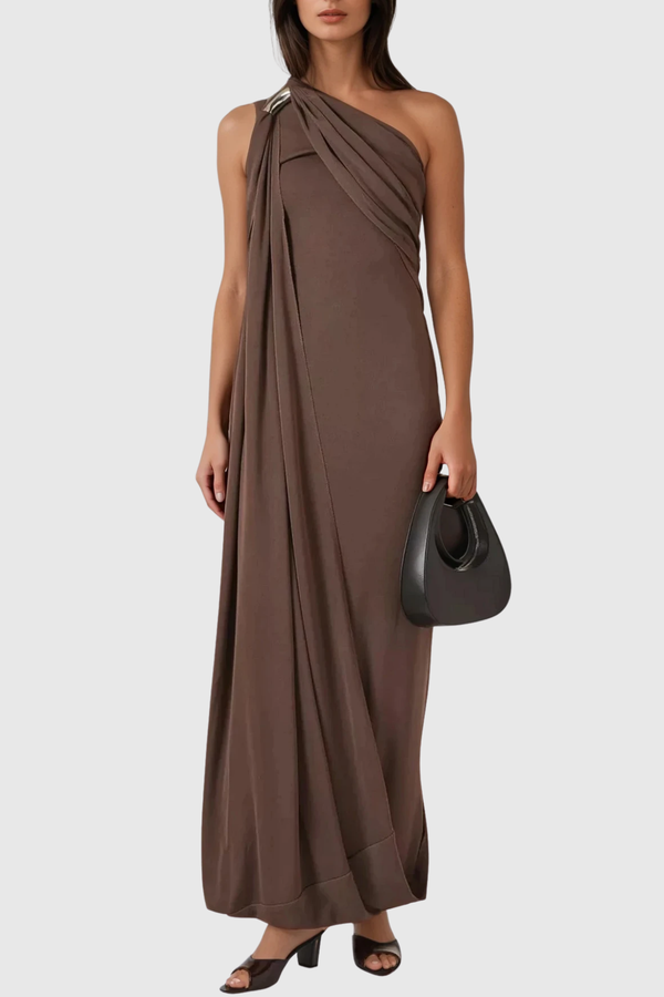 Pryndis One Shoulder Ruch Maxi Dress In Brown