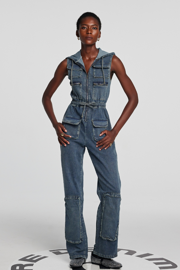 Ruelle Pockets Hooded Denim Jumpsuit