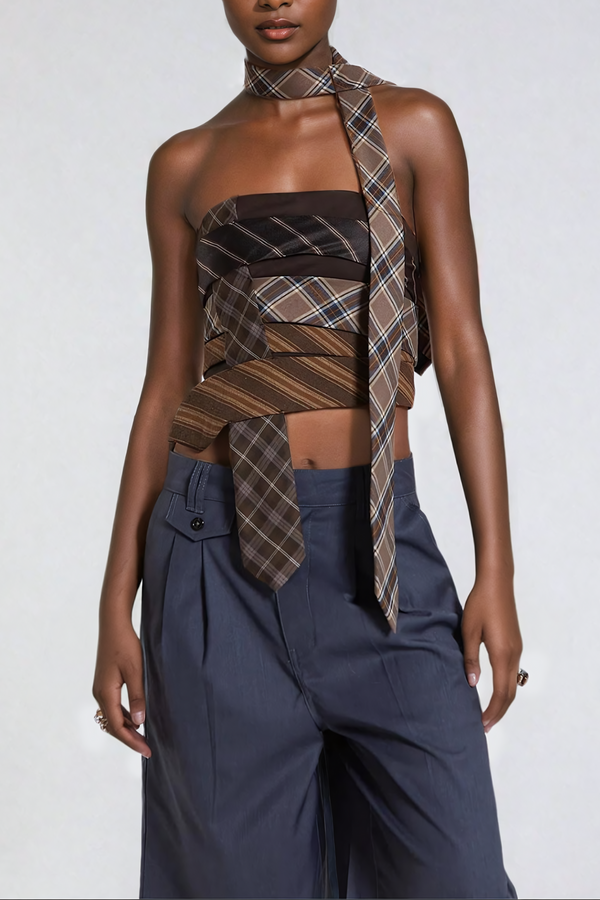 Saachi Grid Tie Cross Strapless Top