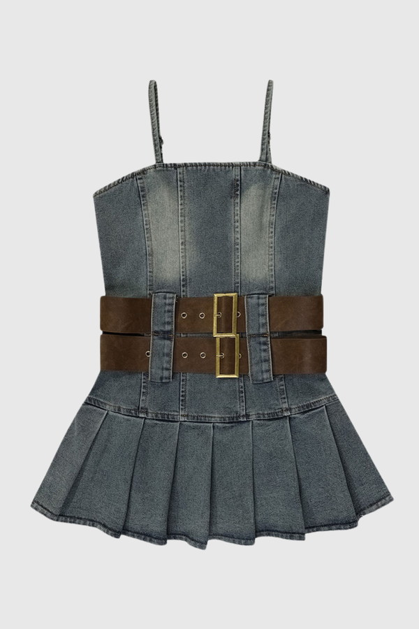 Shelby Buckle Embellished Ruffle Denim Mini Dress