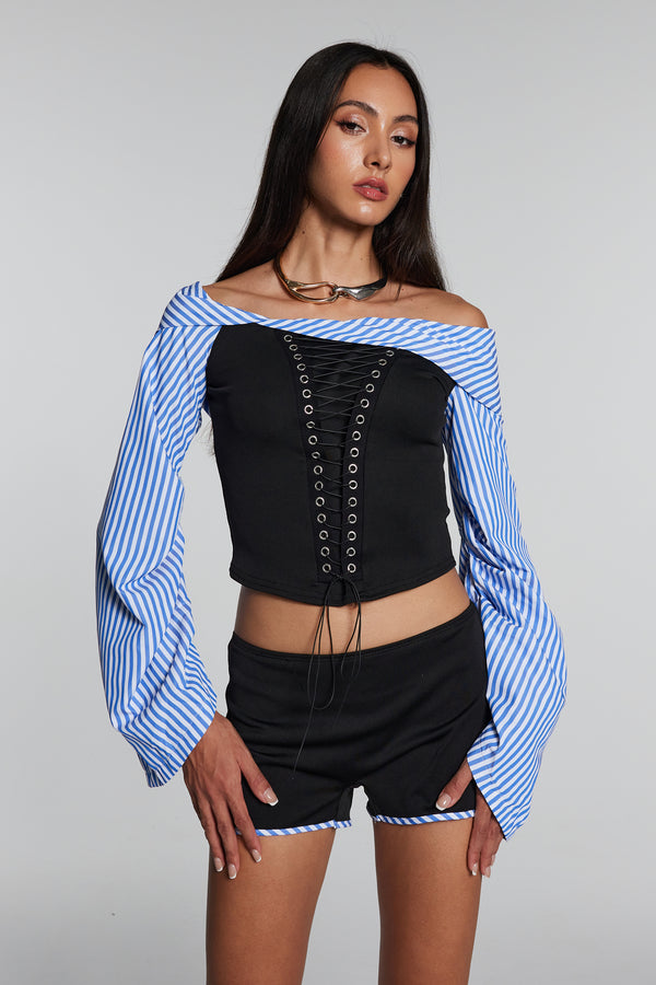 Skyla Stripe Lace Up Off Shoulder Set