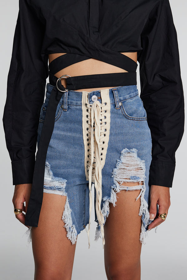 Tallulah Lace Up Fringe Torn Short Jeans