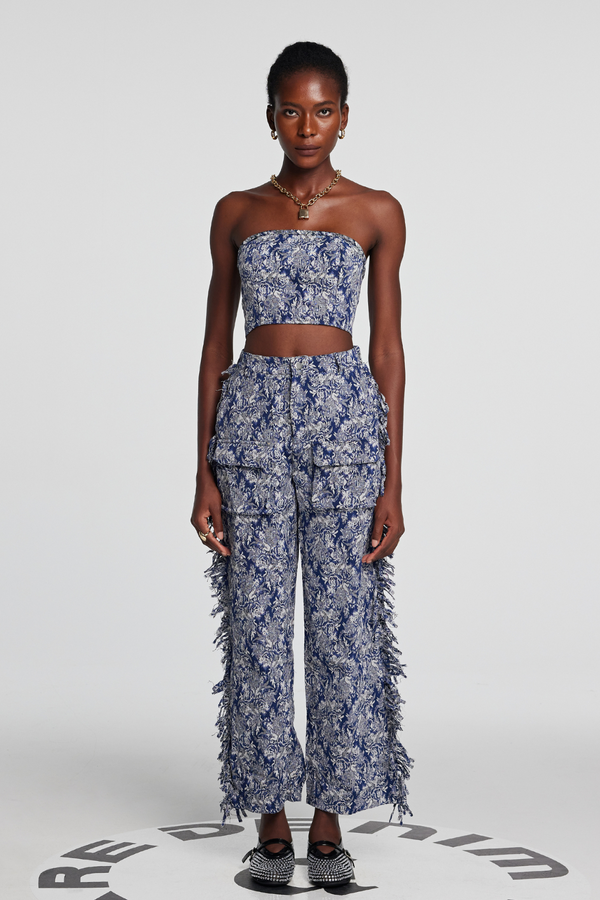 Theia Floral Jacquard Pants Set In Blue