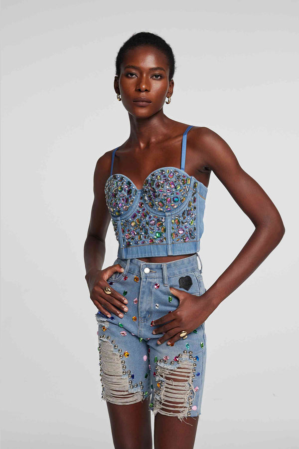 Theodora Rhinestone Embellished Corset Denim Top