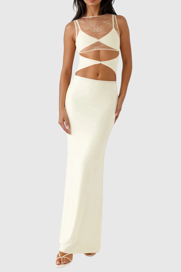 Waman Cutout Lace Deconstruct Maxi Dress In White