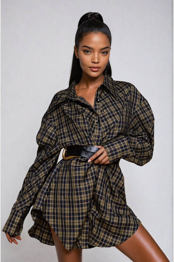 Yamini Grid Buckle Shirt Mini Dress