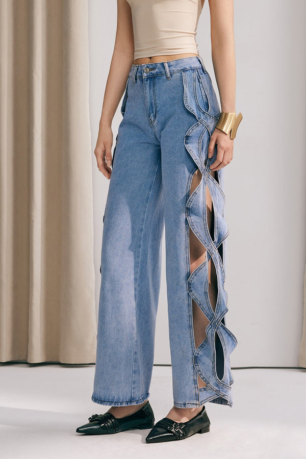 Yana Hollow Weave Wide Leg Jeans In Blue