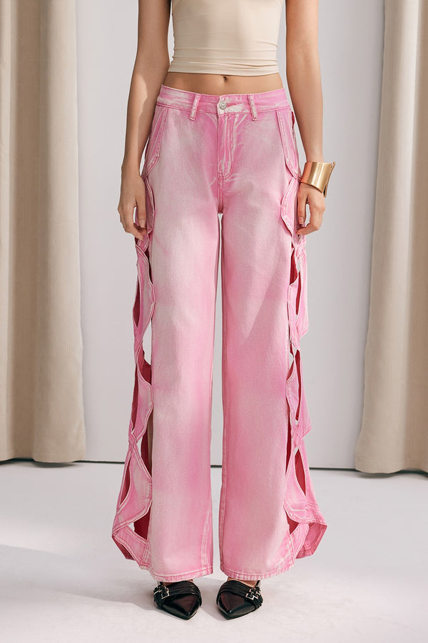 Yana Hollow Weave Wide Leg Jeans In Pink