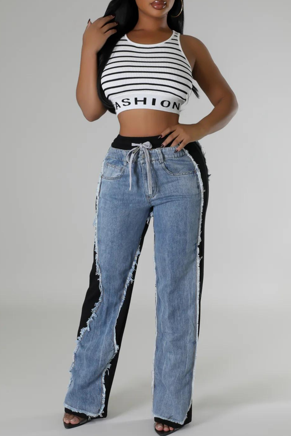 Yasmin Patchwork Fringe Drawstring Jeans In Black