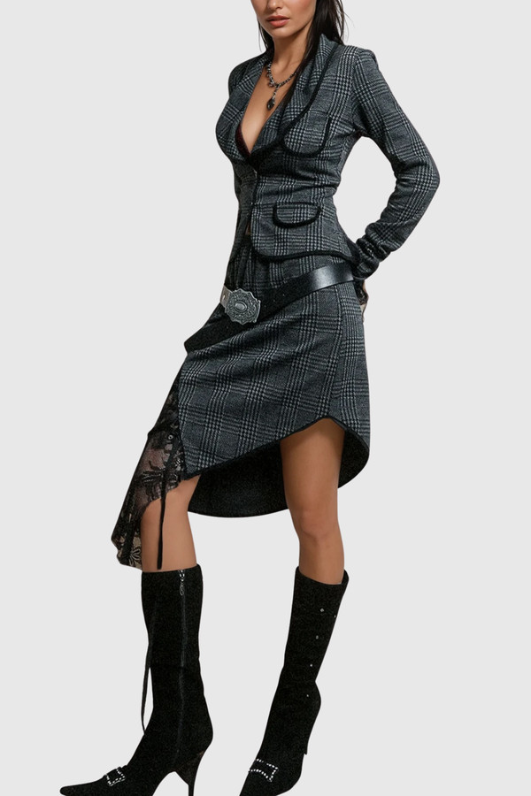 Zafar Grid Lace Backless Lapel Skirt Set