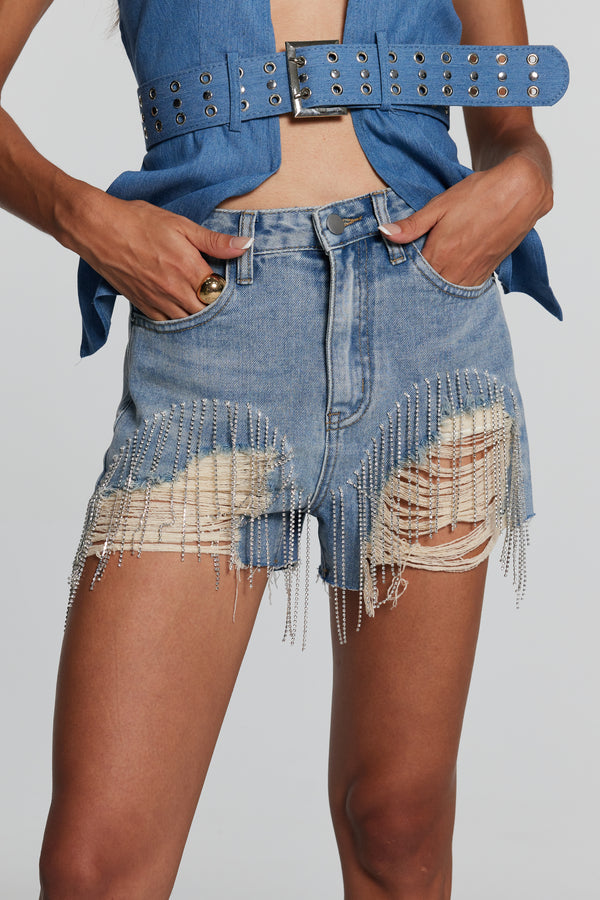 Zendaya Torn Rhinestone Fringe Short Jeans